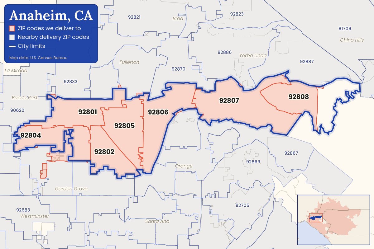 Map of Anaheim, CA showing the ZIP codes CallWeed delivers to: 92801, 92802, 92804, 92805, 92806, 92807, 92808