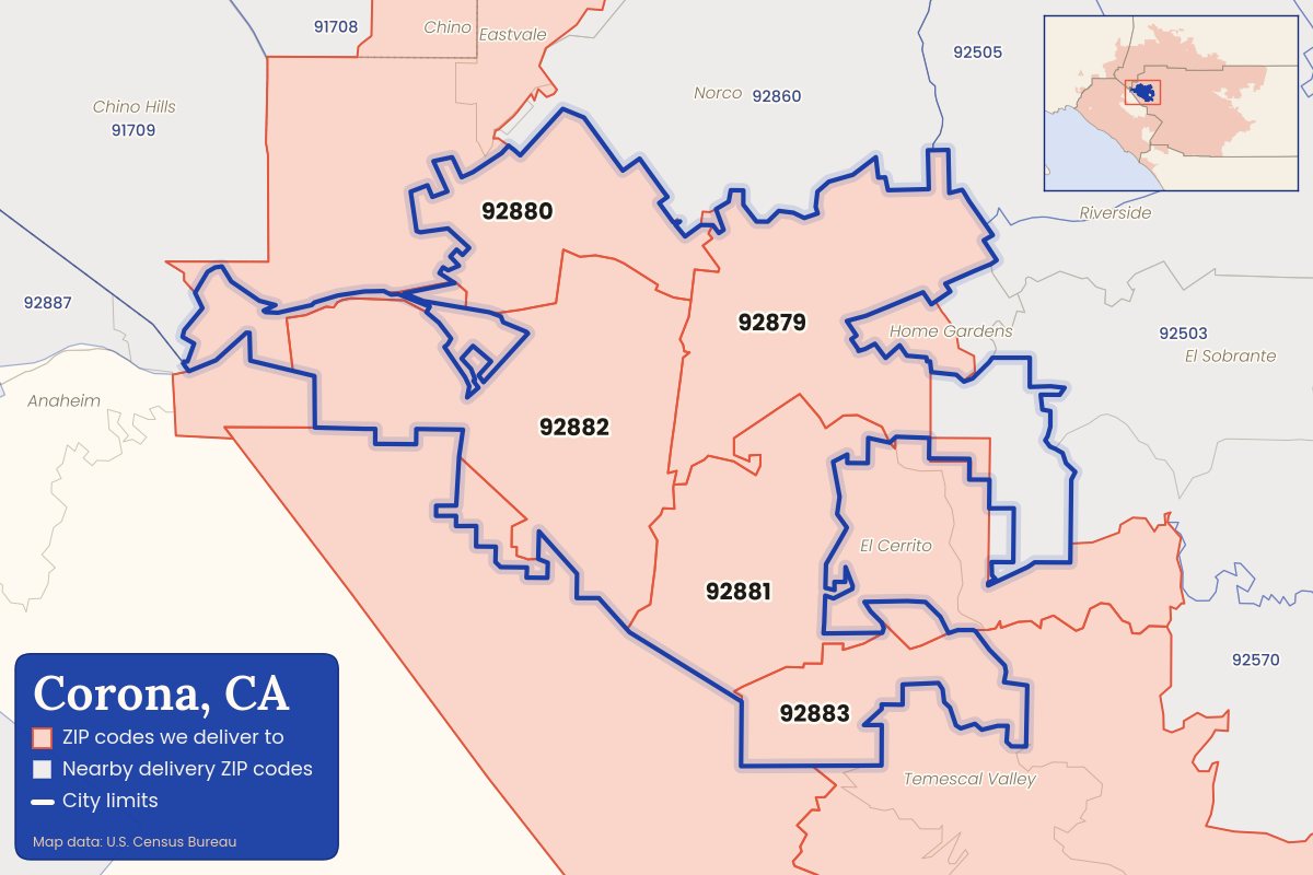 Map of Corona, CA showing the ZIP codes CallWeed delivers to: 92879, 92880, 92881, 92882, 92883