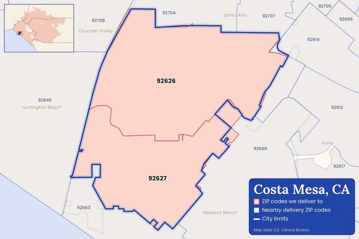 Map of Costa Mesa, CA showing the ZIP codes CallWeed delivers to: 92626, 92627