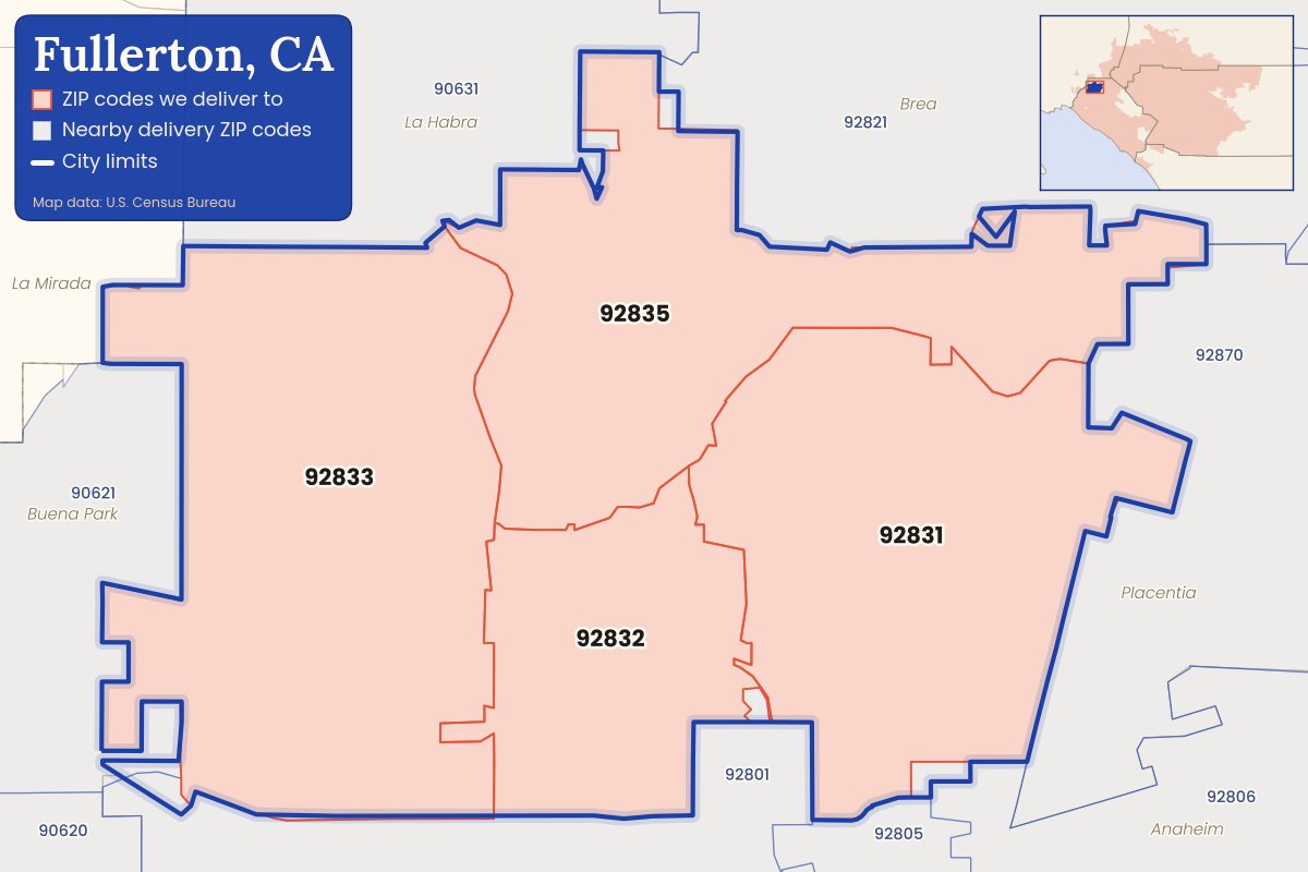 Map of Fullerton, CA showing the ZIP codes CallWeed delivers to: 92831, 92832, 92833, 92835