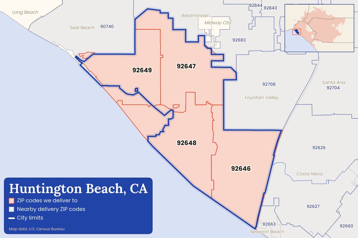 Map of Huntington Beach, CA showing the ZIP codes CallWeed delivers to: 92646, 92647, 92648, 92649