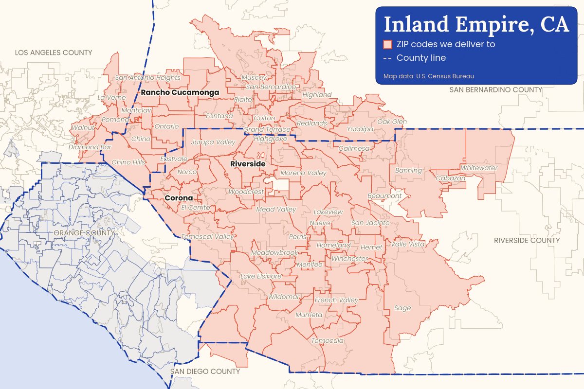 Map of the Inland Empire, CA showing the ZIP code areas CallWeed delivers to, shaded, across Riverside and San Bernardino counties with city names including Riverside, San Bernardino, Ontario, Corona and Temecula