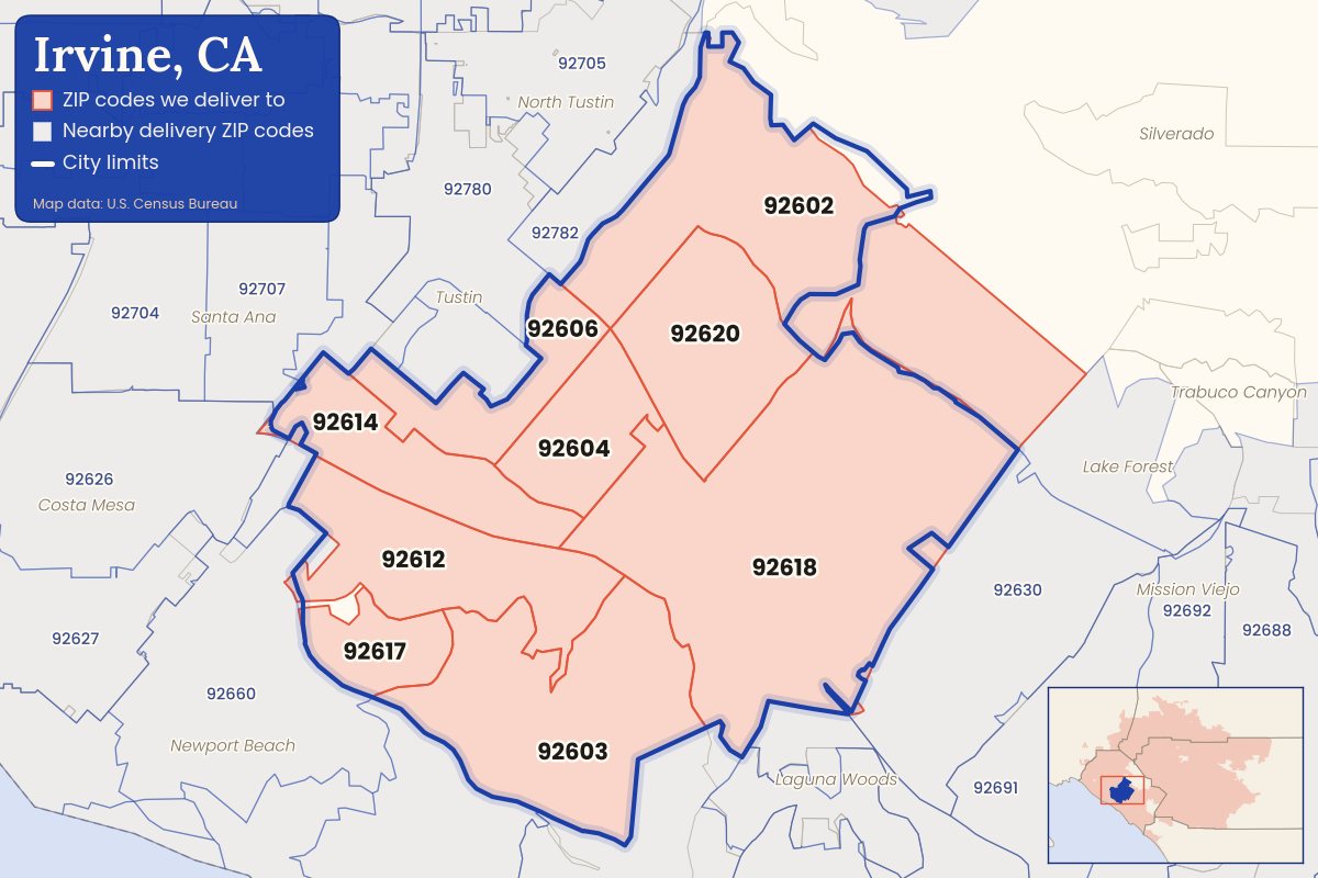 Map of Irvine, CA showing the ZIP codes CallWeed delivers to: 92602, 92603, 92604, 92606, 92612, 92614, 92617, 92618, 92620