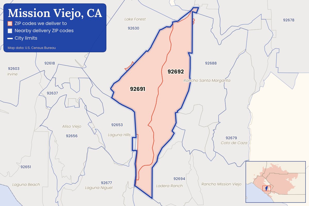Map of Mission Viejo, CA showing the ZIP codes CallWeed delivers to: 92691, 92692