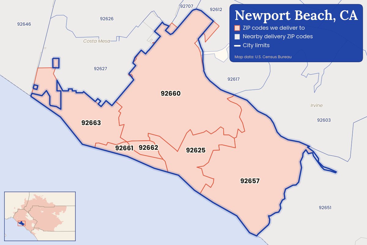 Map of Newport Beach, CA showing the ZIP codes CallWeed delivers to: 92625, 92657, 92660, 92661, 92662, 92663