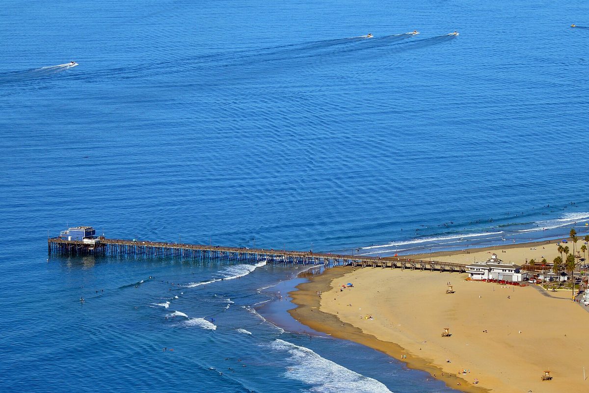 Aerial view of Newport Beach Pier and the beach in Newport Beach, California
