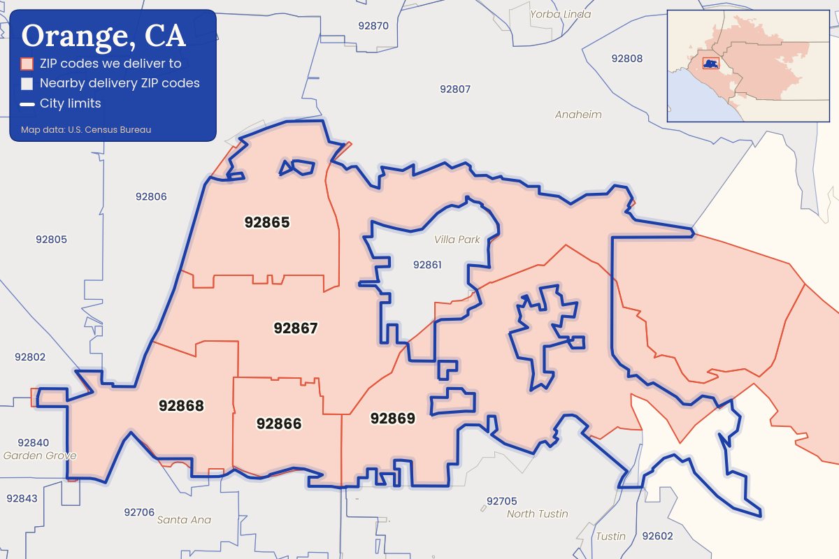 Map of Orange, CA showing the ZIP codes CallWeed delivers to: 92865, 92866, 92867, 92868, 92869