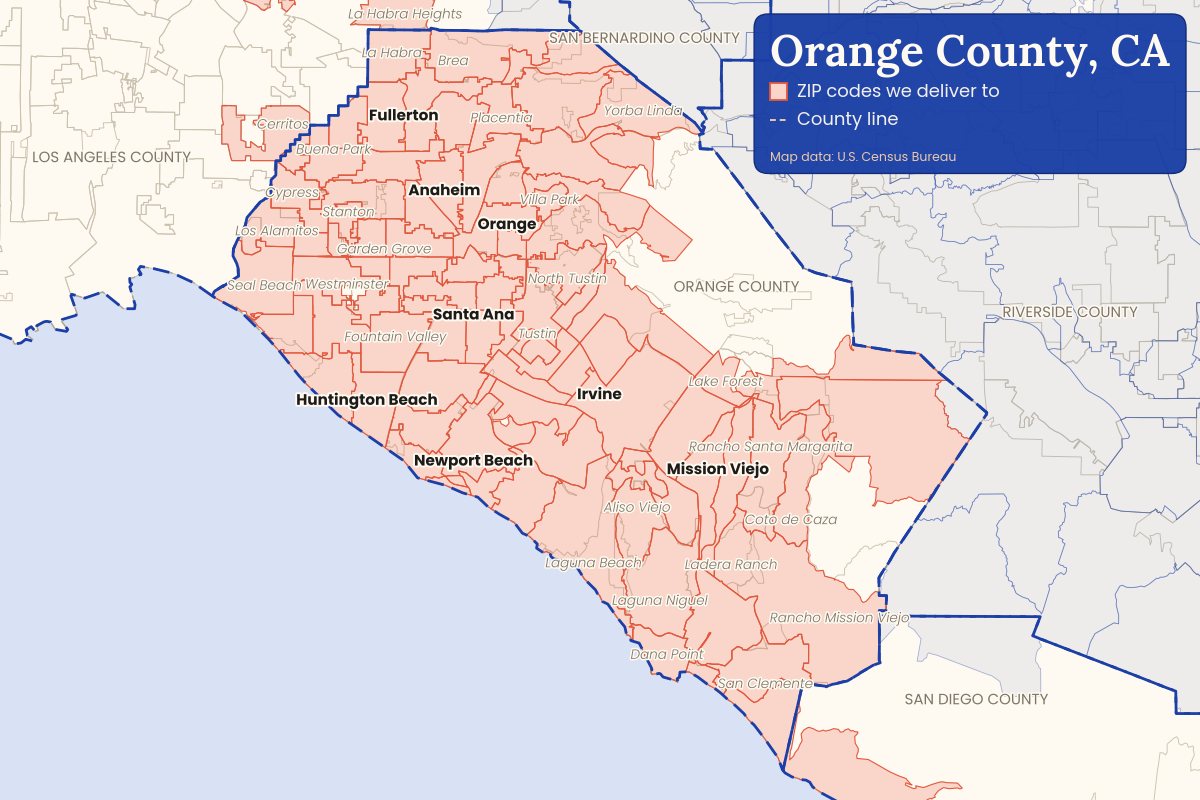 Map of Orange County, CA showing the ZIP code areas CallWeed delivers to, shaded, with city names including Anaheim, Santa Ana, Irvine, Huntington Beach and Newport Beach