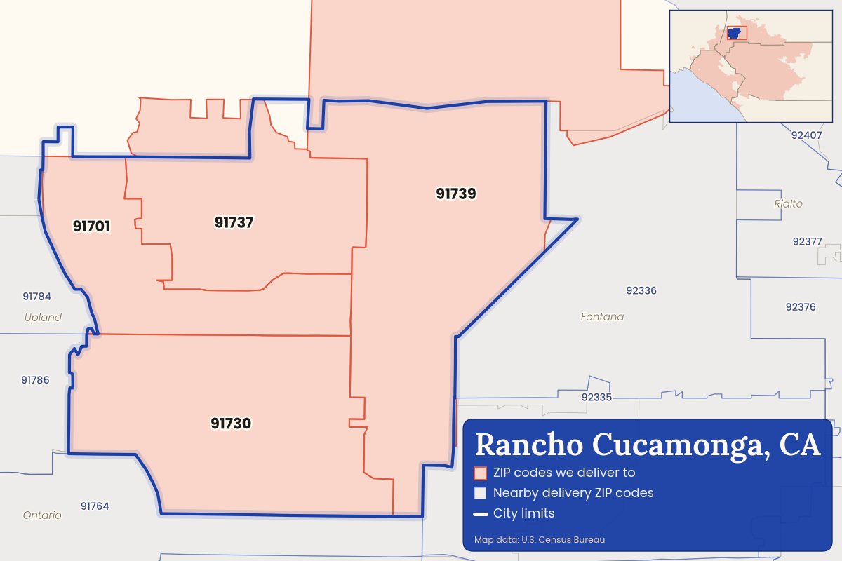 Map of Rancho Cucamonga, CA showing the ZIP codes CallWeed delivers to: 91701, 91730, 91737, 91739