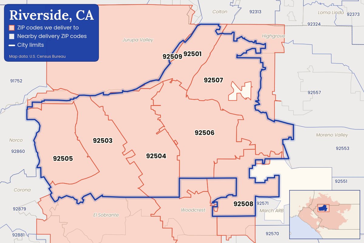 Map of Riverside, CA showing the ZIP codes CallWeed delivers to: 92501, 92503, 92504, 92505, 92506, 92507, 92508, 92509