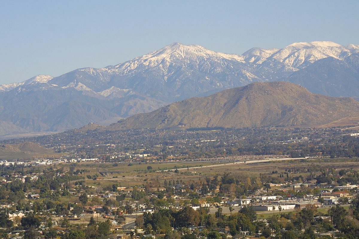 Mount Rubidoux and the city of Riverside, California, with the snow-capped San Gabriel Mountains in the distance