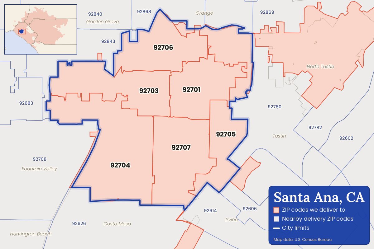 Map of Santa Ana, CA showing the ZIP codes CallWeed delivers to: 92701, 92703, 92704, 92705, 92706, 92707