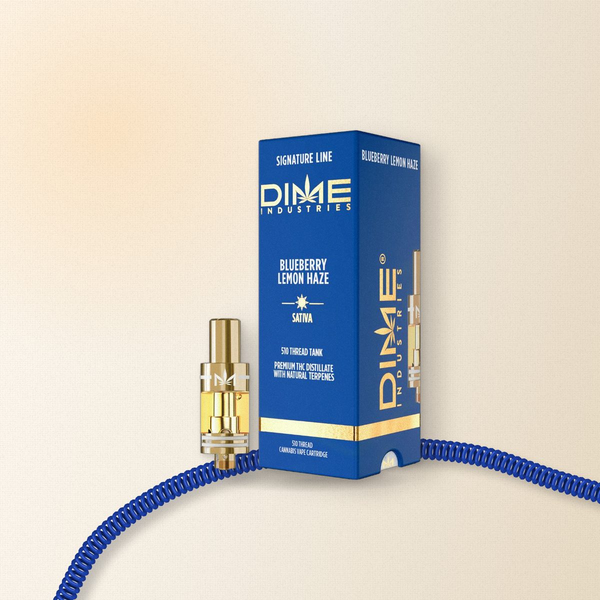 Dime Blueberry Lemon Haze 1g 510 vape cartridge on cream linen with a cobalt coiled phone cord