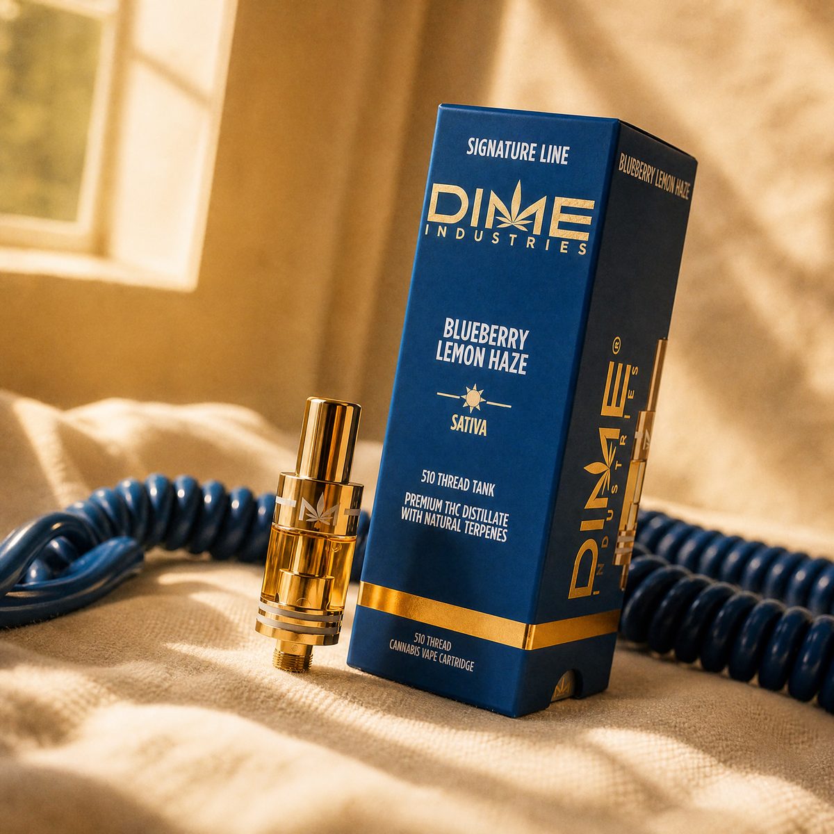 Dime Blueberry Lemon Haze 510 vape cartridge and box on cream linen with a cobalt coiled phone cord in warm window light