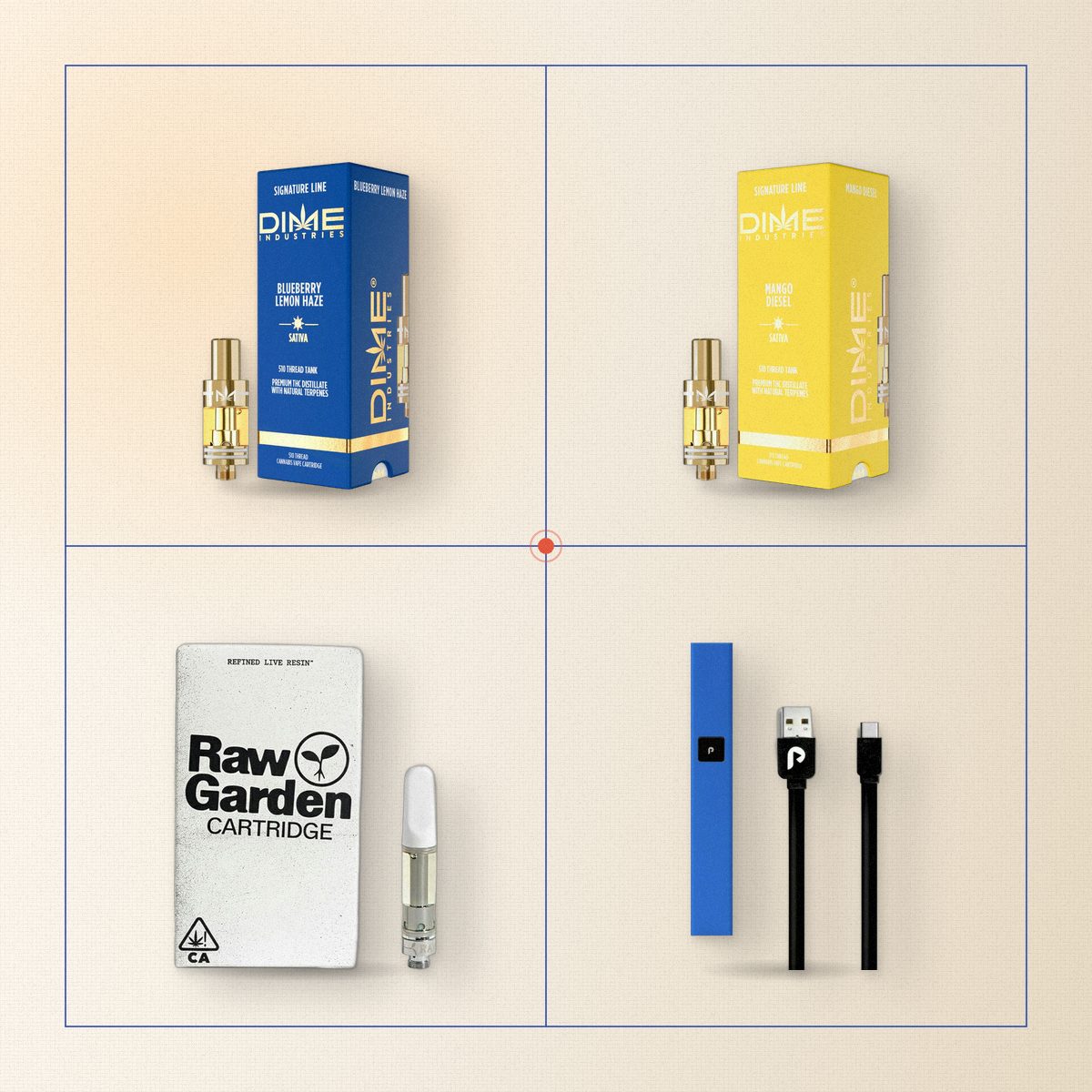 Dime Blueberry Lemon Haze and Mango Diesel cartridges, Raw Garden Cap City Kush cartridge and a Play battery kit in a cobalt-lined grid
