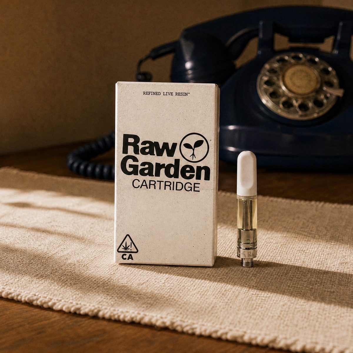 Raw Garden Cap City Kush refined live resin cartridge and box on a wooden counter with a cobalt rotary phone