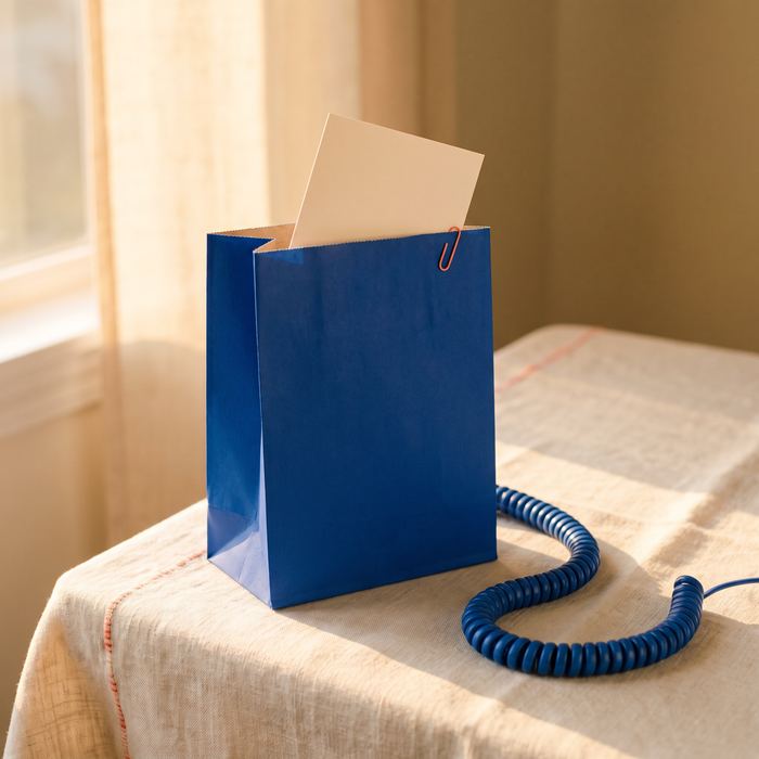 A cobalt-blue paper bag with a card inside on a kitchen table, a coiled phone cord beside it