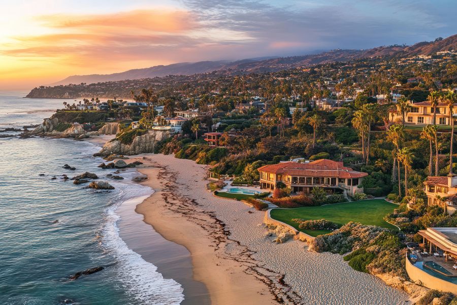 Aerial view of the Orange County coast at sunset
