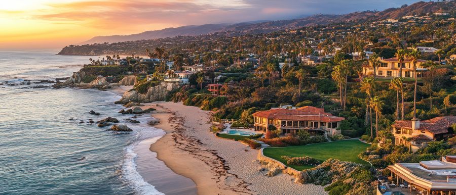 Aerial view of the Orange County coast at sunset