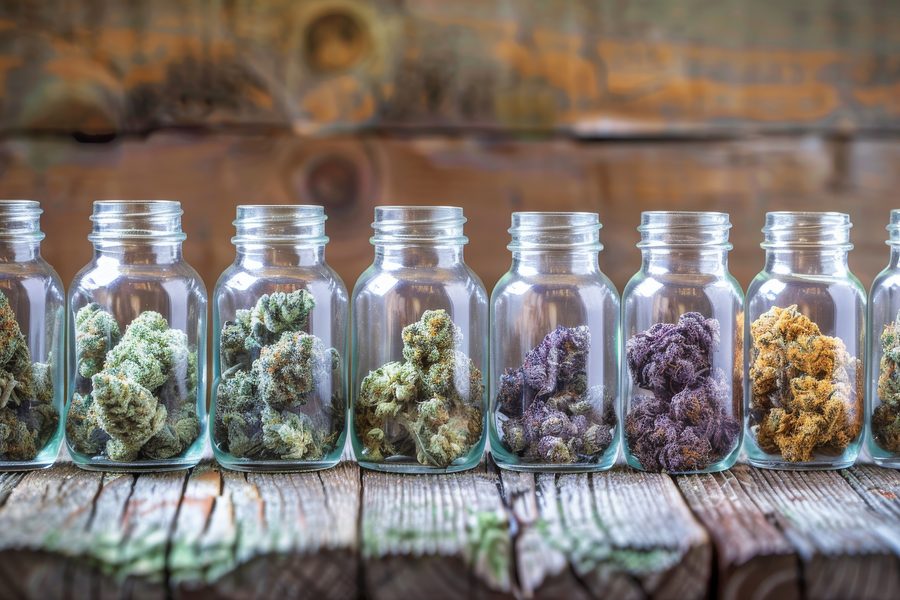 Glass jars of cannabis flower in a row on a wooden table
