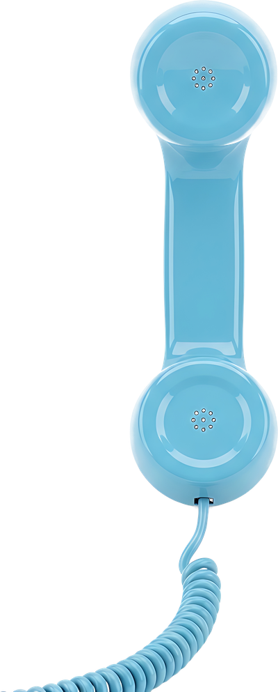 A blue telephone handset on a coiled cord