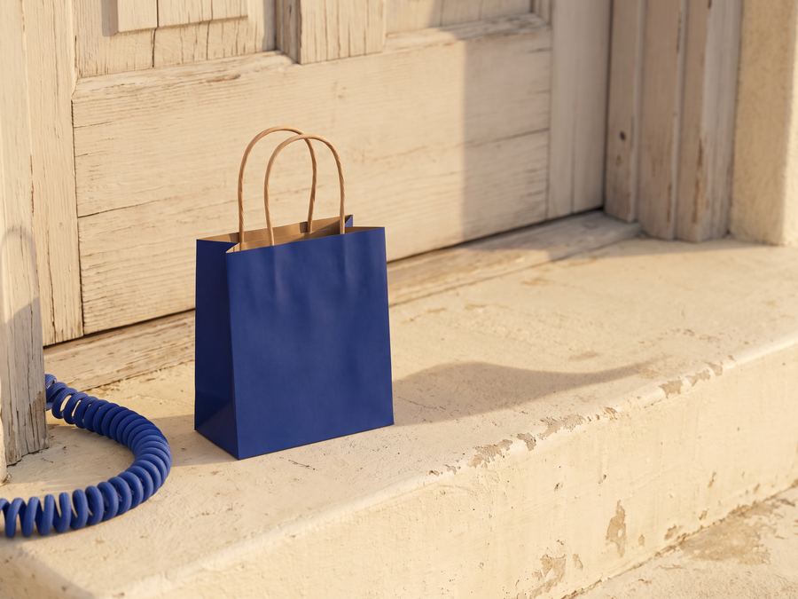 A cobalt-blue paper bag on a sunlit doorstep, a coiled phone cord beside it