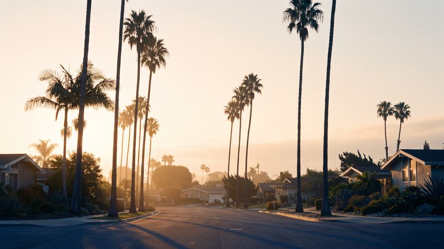 Palm trees along a Southern California street in the early morning