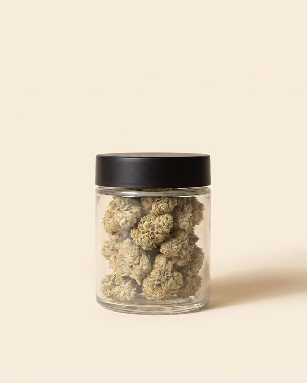 A glass jar of cannabis flower on a cream background