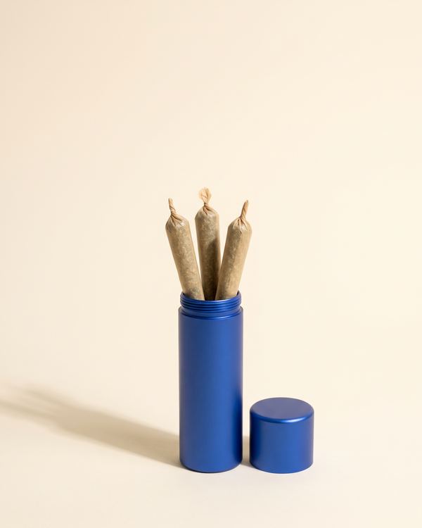Pre-rolls standing in a cobalt-blue tube